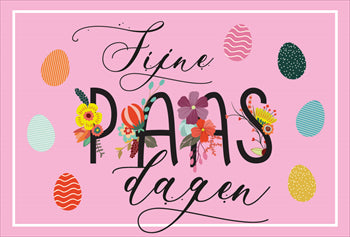Vrolijke roze wenskaart met de tekst Fijne Paasdagen