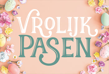 Pastelkleurige wenskaart met de tekst Vrolijk Pasen