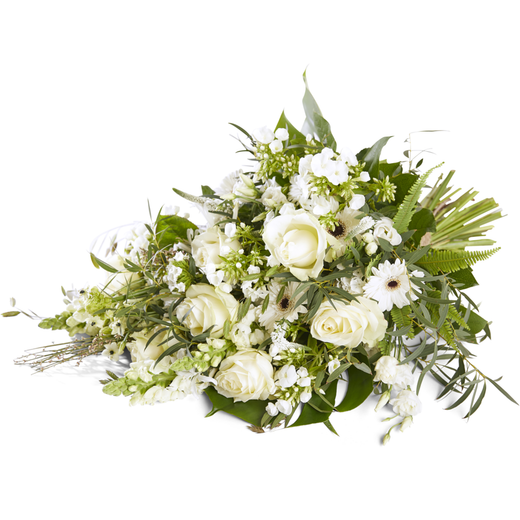 Compact wit rouwboeket met diverse witte bloemsoorten en groene accenten, tijdloze uitstraling.