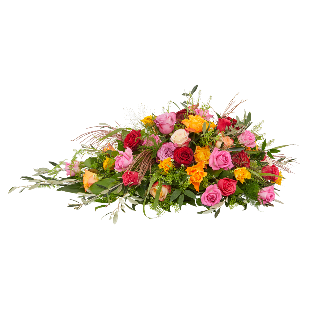 Rouwstuk in druppelvorm met klassieke roze, rode en gele rozen