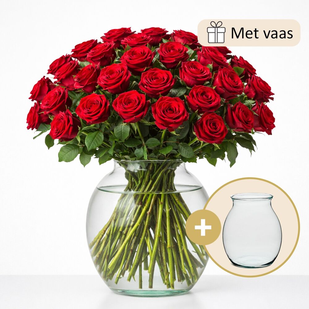 Luxe boeket met 50 Red Naomi rozen (inclusief vaas!)