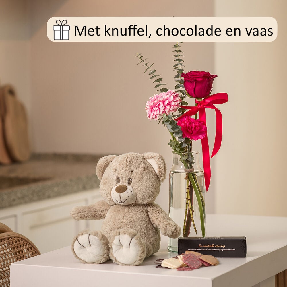 Knuffel voor jou boeket (cadeauset met knuffel, chocolade en vaas!)