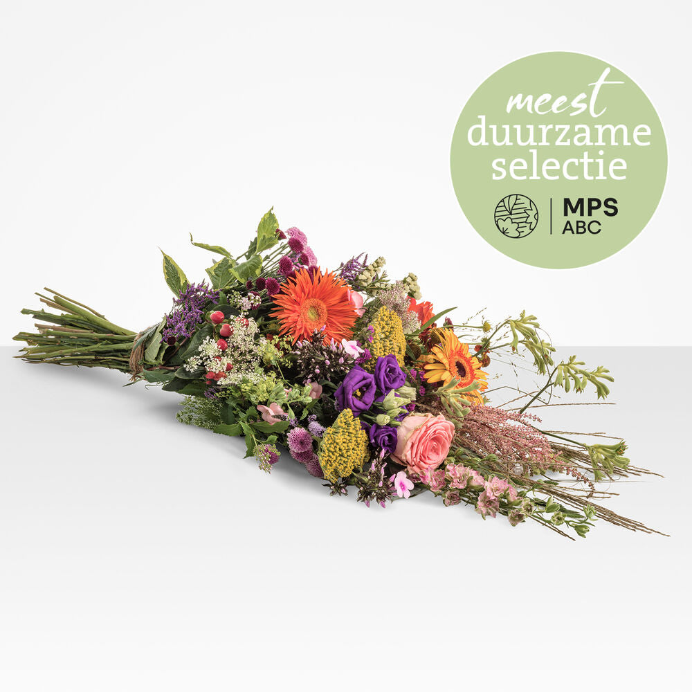 Duurzaam kleurrijk rouwboeket met oranje gerbera's, paarse bloemen en diverse seizoensbloemen, MPS-gecertificeerd