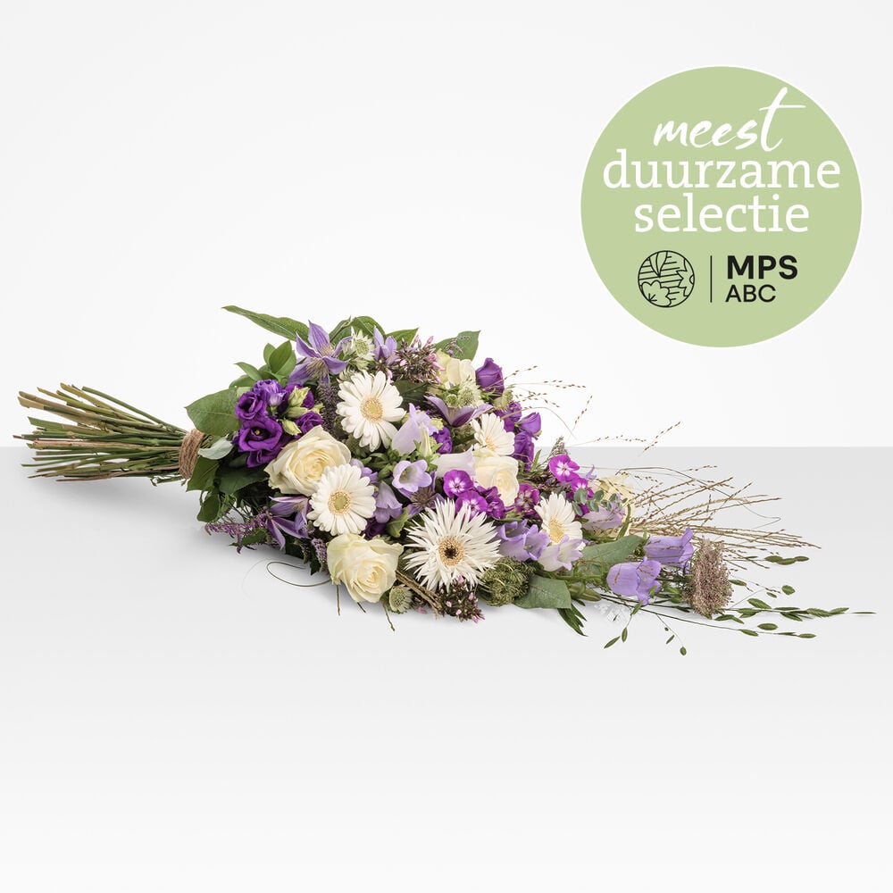 Duurzaam rouwboeket in zachte pasteltinten met witte en paarse bloemen, MPS-gecertificeerd