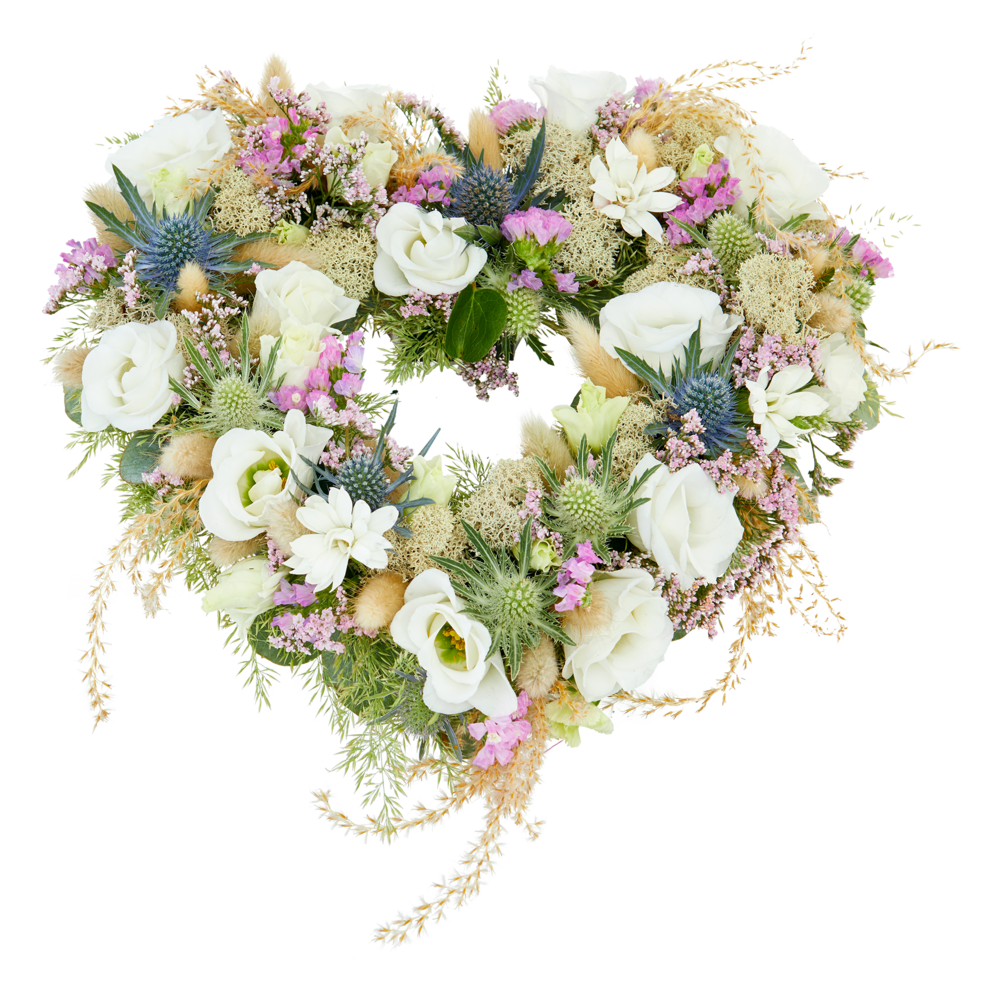 Open hart rouwstuk met witte rozen, lila bloemen en pastelkleurige accenten