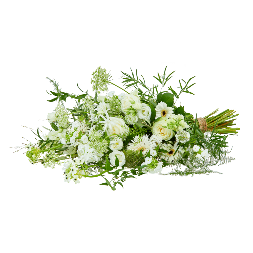 Elegant wit rouwboeket met diverse witte bloemsoorten, luchtig gebonden met een verfijnde uitstraling