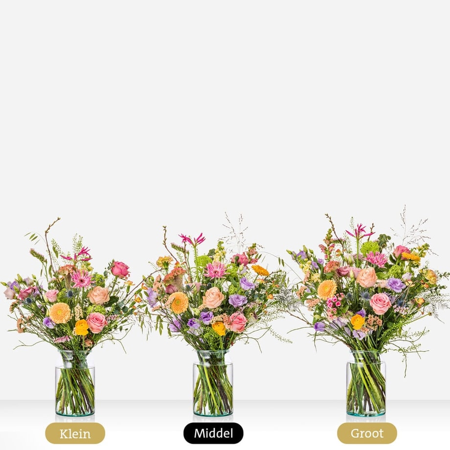 Feestelijk voorjaarsboeket in drie formaten: klein, middel en groot