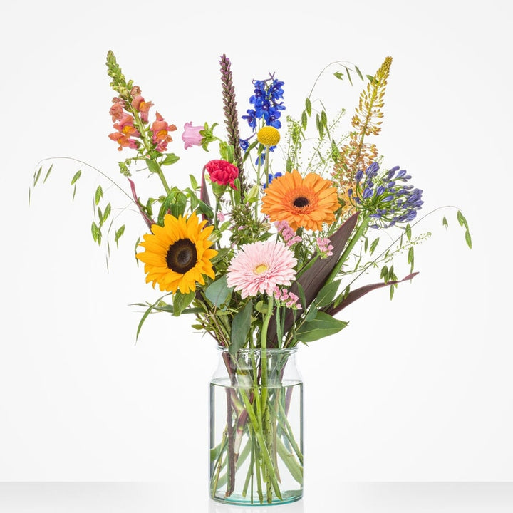 Klein zomerboeket in een glazen vaas met zonnebloemen, gerbera's, roze anjers, blauwe ridderspoor en paarse agapanthus tegen een witte achtergrond.