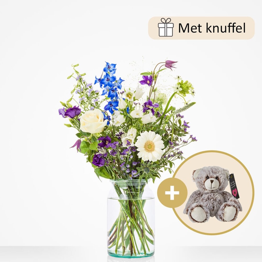 Geboorteboeket blauw (cadeauset met knuffel)