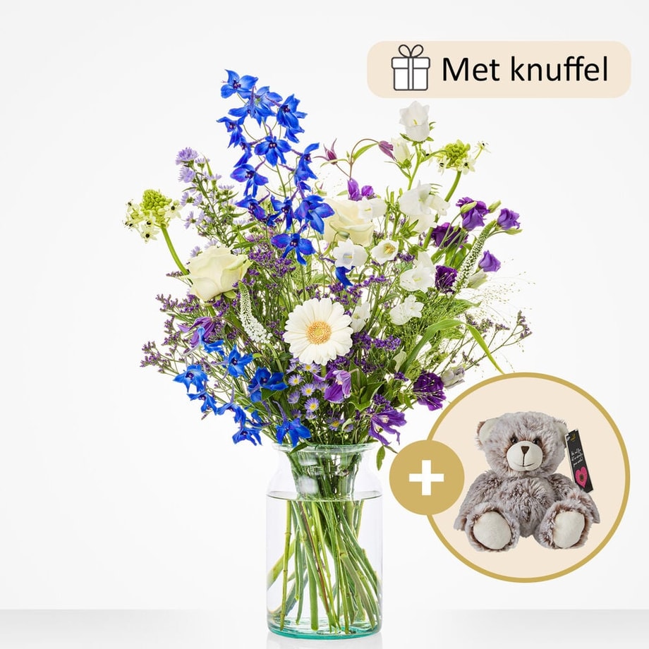 Geboorteboeket blauw (cadeauset met knuffel)