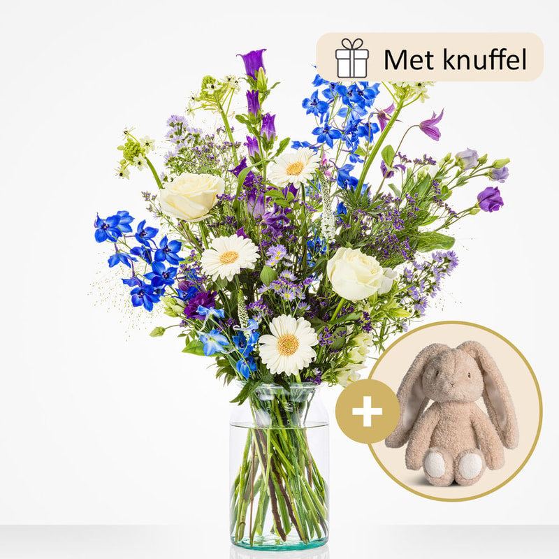 Geboorteboeket blauw (cadeauset met knuffel)