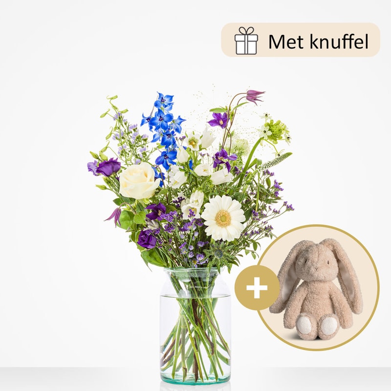 Geboorteboeket blauw (cadeauset met knuffel)