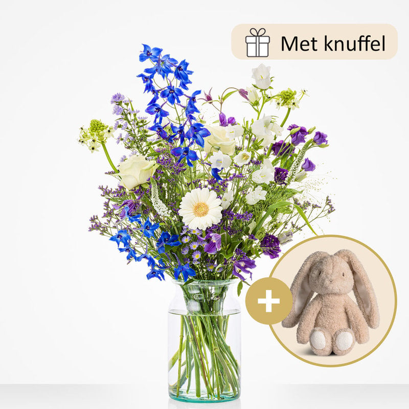 Geboorteboeket blauw (cadeauset met knuffel)