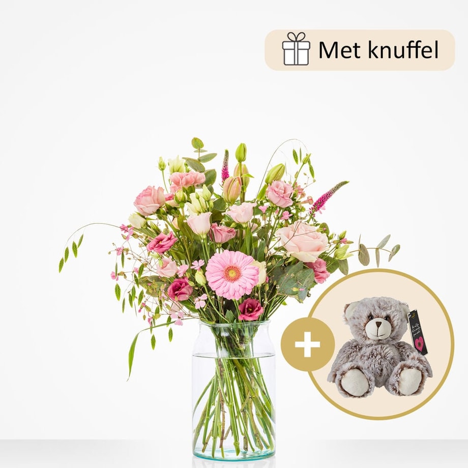 Geboorteboeket roze (cadeauset met knuffel)