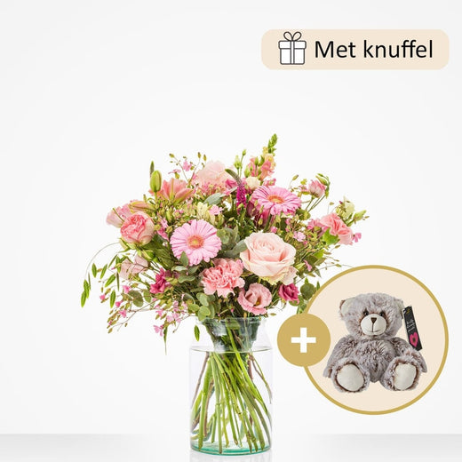 Geboorteboeket roze (cadeauset met knuffel)