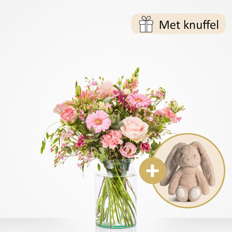 Geboorteboeket roze (cadeauset met knuffel)