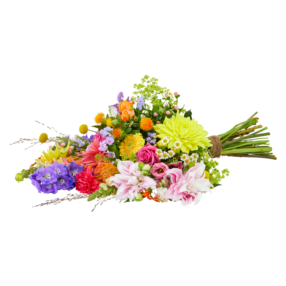 Kleurrijk rouwboeket met diverse seizoensbloemen in krachtige tinten, luchtig gebonden met een natuurlijke uitstraling.