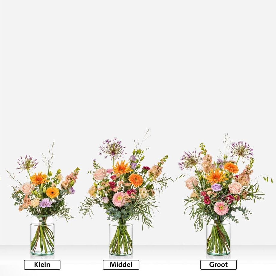 Drie formaten van het kleurgeluk boeket – klein, middel en groot – met een mix van kleurrijke bloemen in glazen vazen