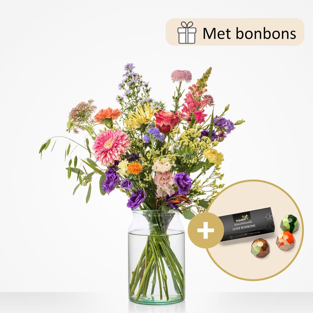 Kleurrijk gebaar boeket (cadeauset met chocolade)