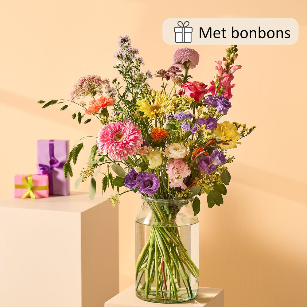 Kleurrijk gebaar boeket (cadeauset met chocolade)