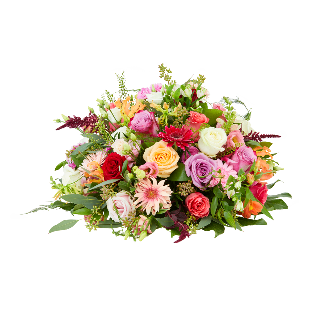 Rond biedermeier rouwstuk met rozen, gerbera en alstroemeria in roze, rood en perziktinten