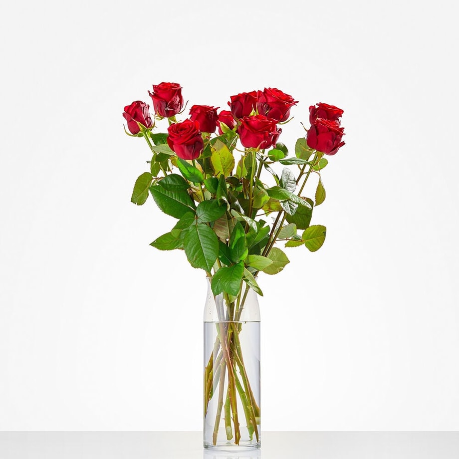 Rode rozen in een smalle glazen vaas met lange groene bladeren, geschikt als cadeau voor romantische gelegenheden of Valentijnsdag.