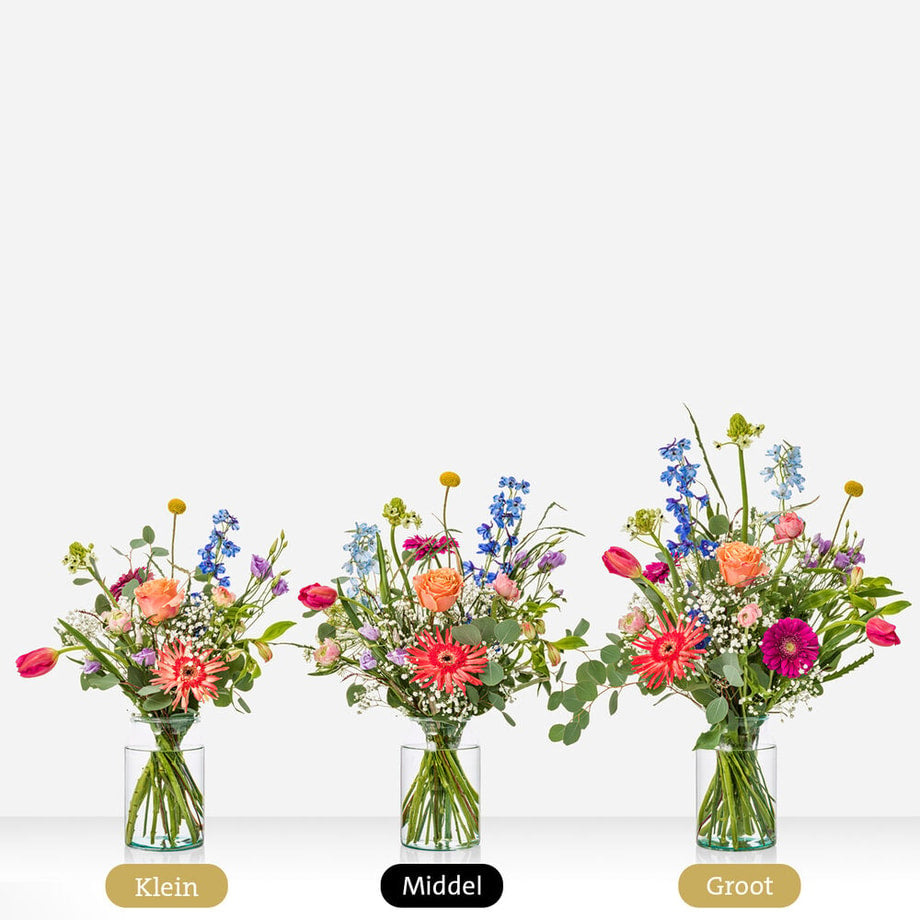 Maandboeket april in drie maten: klein, middel en groot