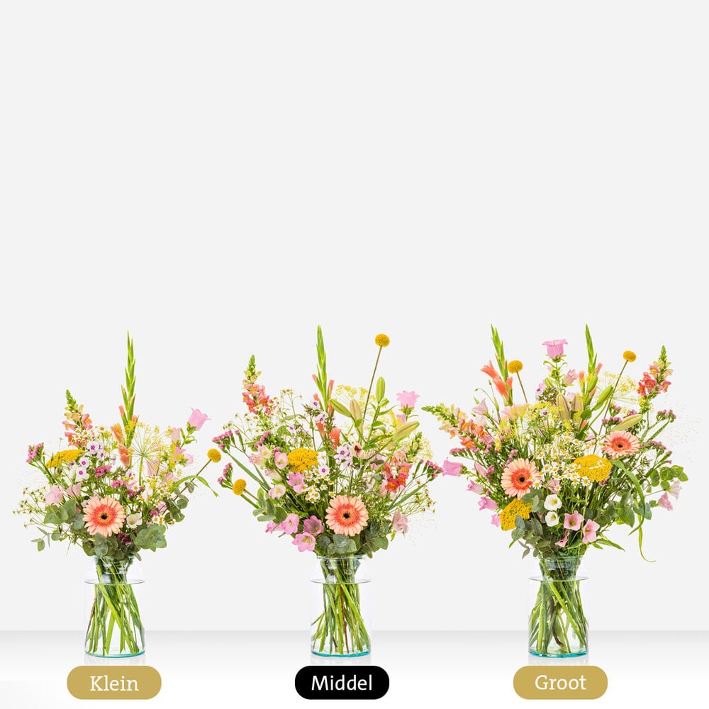 Drie varianten van het maandboeket juli in klein, middel en groot formaat, met kleurrijke seizoensbloemen zoals gerbera’s, leeuwenbekjes, en veldbloemen in een glazen vaas.
