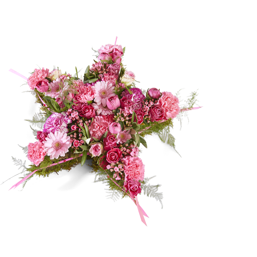 Rouwstuk in stervorm met roze rozen en gerbera’s