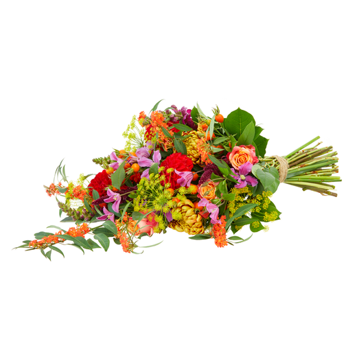 Rouwboeket in herfstige stijl met chrysanten, rozen en seizoensbloemen in warme oranje, rode, gele en paarse tinten.