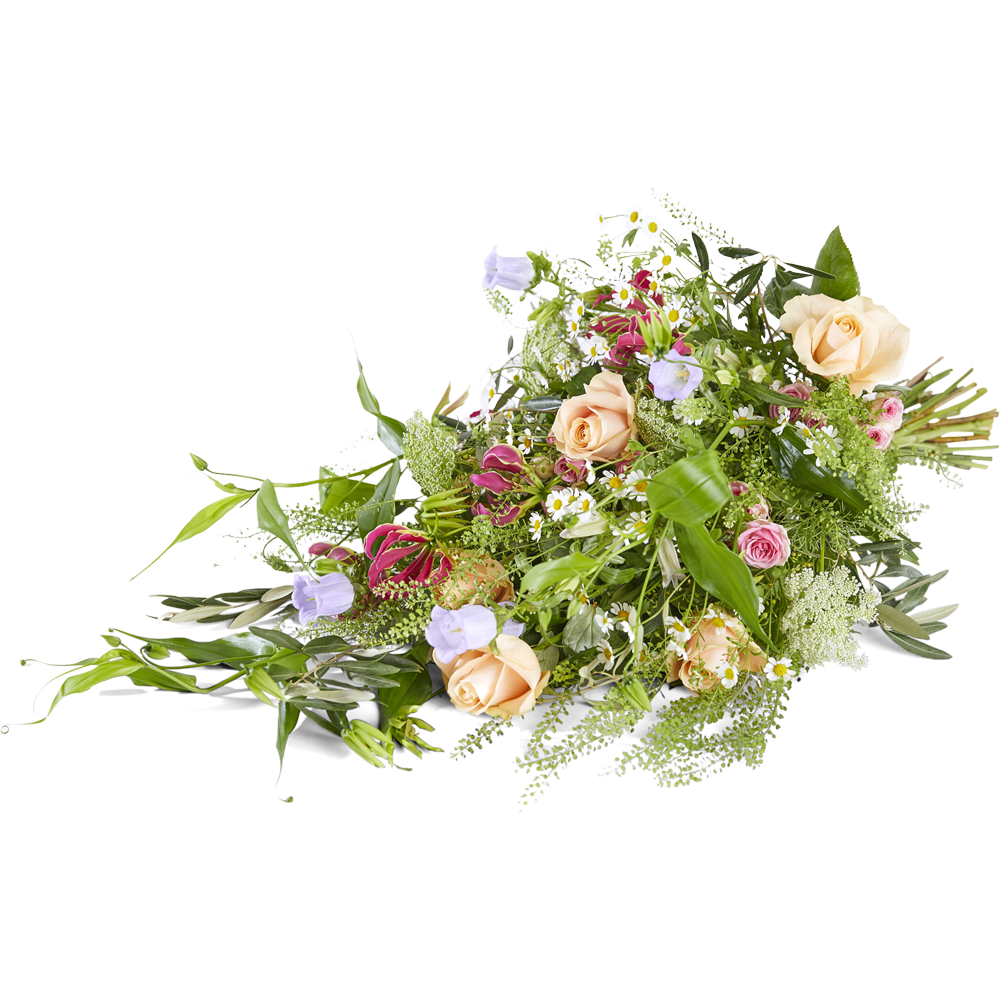 Natuurlijk gebonden rouwboeket in pasteltinten met rozen, veldbloemsoorten en siergrassen.