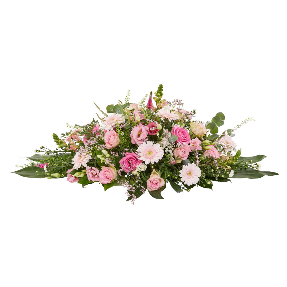 Rouwstuk met roze rozen en germini's in zachte pasteltinten en ovale vorm