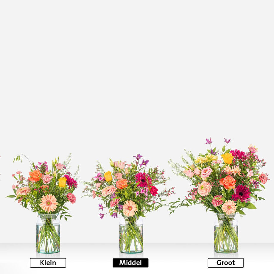 Drie formaten van het opkikker boeket – klein, middel en groot – met een mix van vrolijke bloemen in glazen vazen
