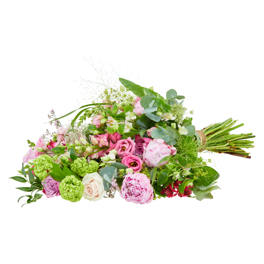 Luchtig rouwboeket met pioenrozen in zachte roze en crème tinten, verfijnde romantische uitstraling