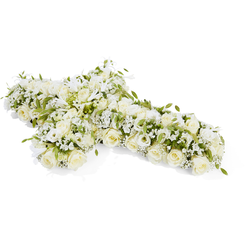 Rouwstuk in kruisvorm met witte rozen en lelies