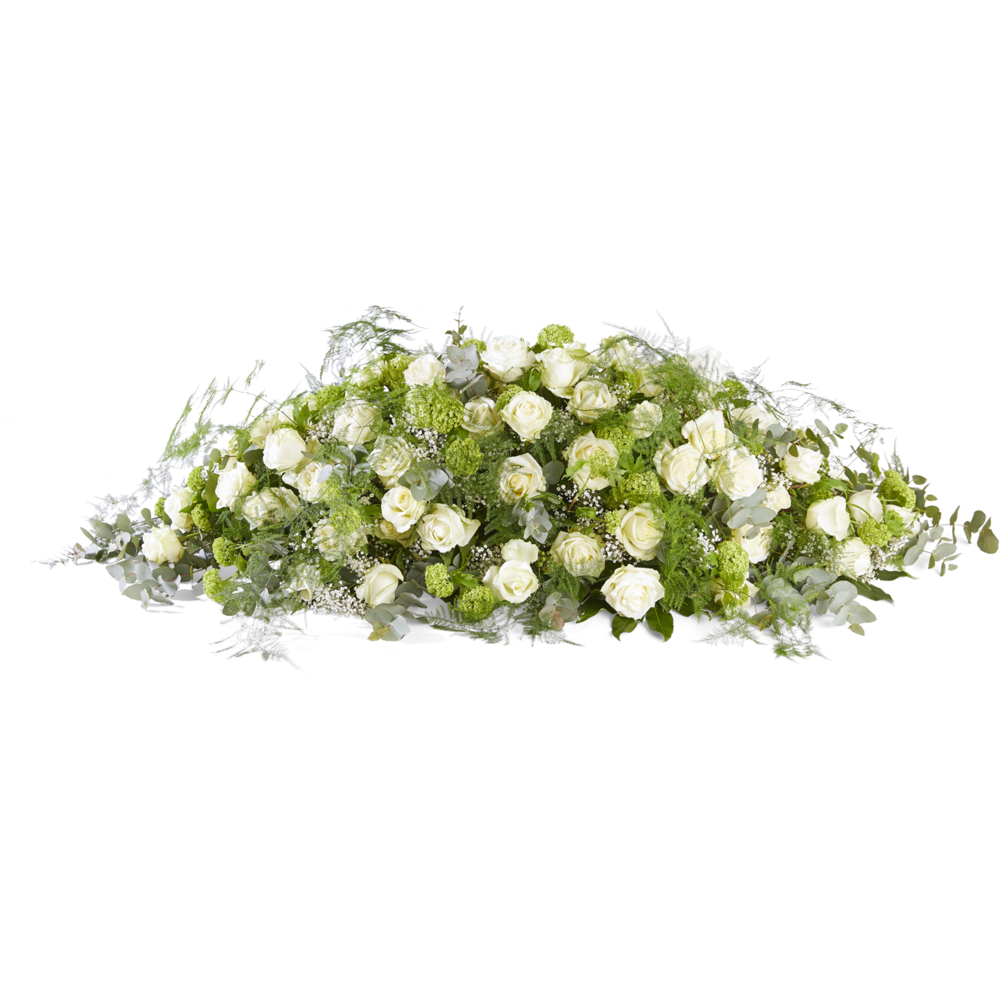 Klassieke kistbedekking met witte rozen en eucalyptus