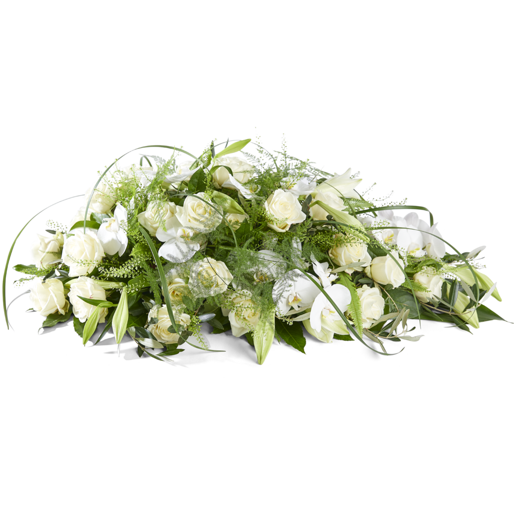 Ovaal rouwstuk met witte rozen en lelies in klassieke stijl