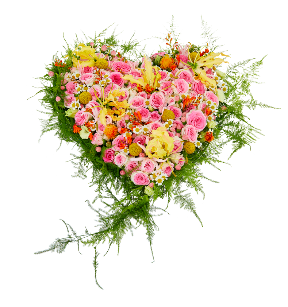 Hartvormig rouwstuk met roze rozen en gele lelies