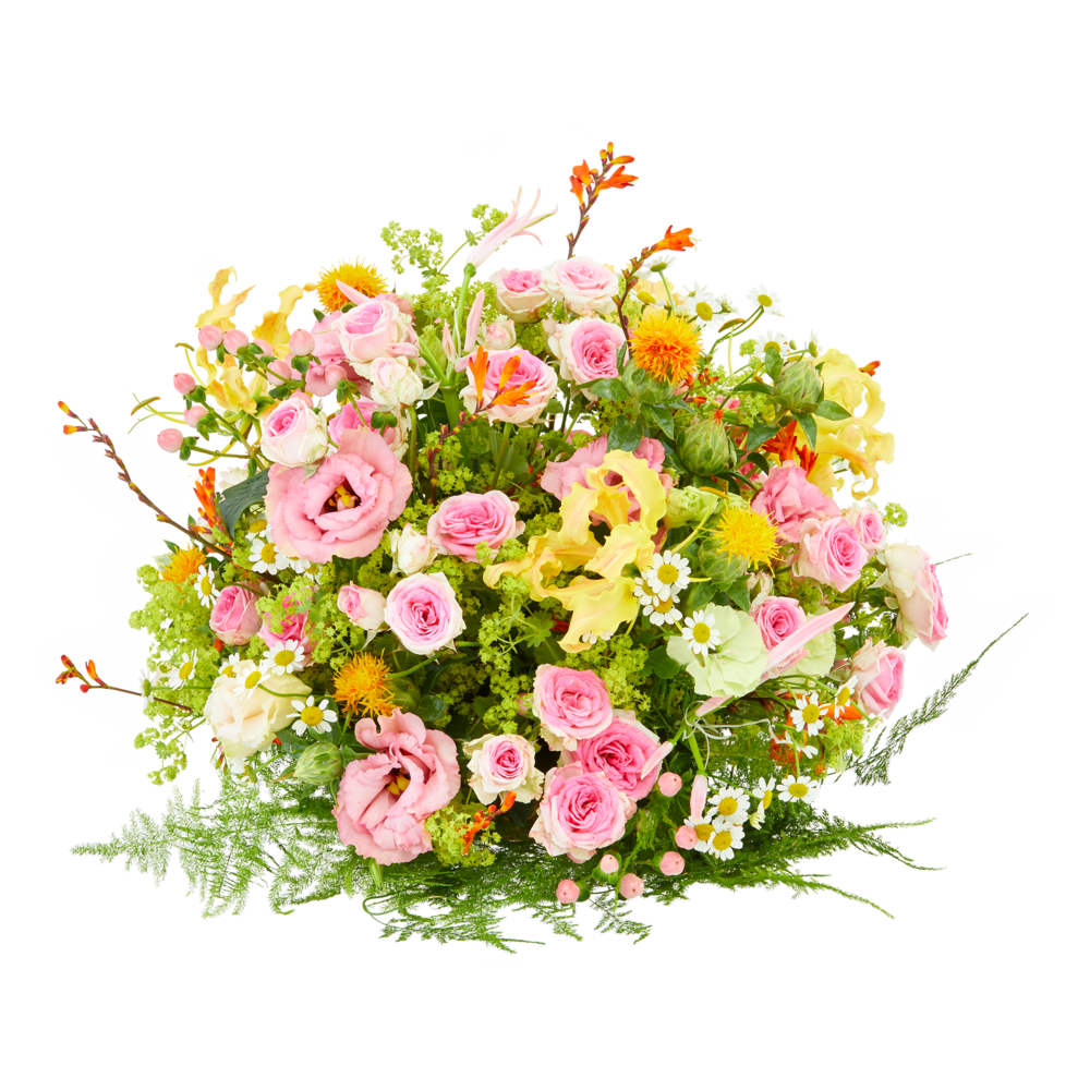 Rond biedermeier rouwstuk met roze rozen, lisianthus en seizoensbloemen