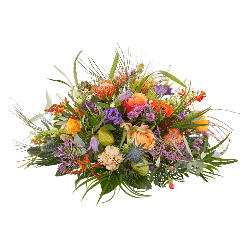 Rond biedermeier rouwstuk met rozen, lisianthus en distels in warme kleuren