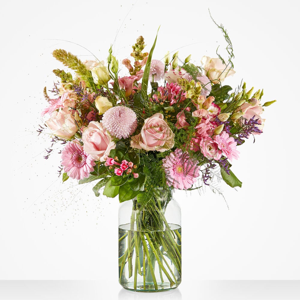 Condoleance boeket met rozen, gerbera, chrysant en lisianthus in roze en pastelkleuren