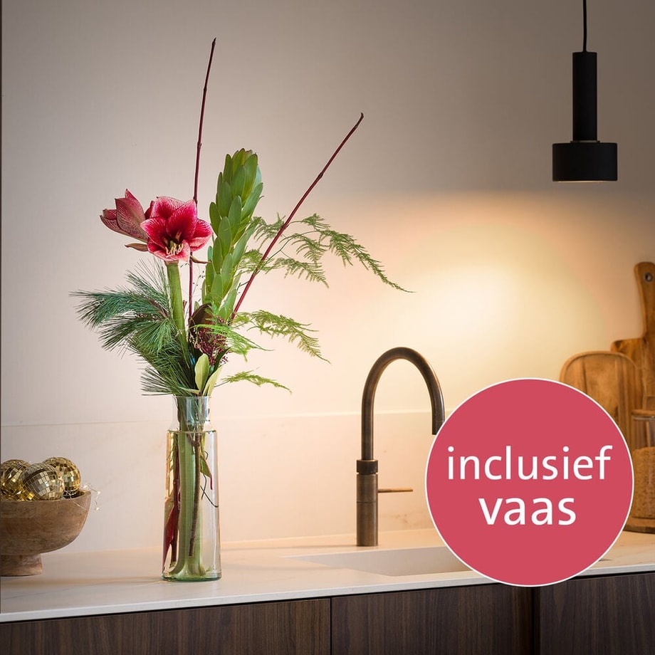 Subtiel kerstboeket met amaryllis en dennengroen in een glazen vaas, gestyled in een moderne keuken.