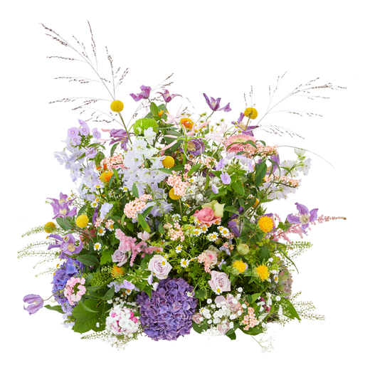 Rouwstuk met veldbloemsoorten in pasteltinten, roze rozen en paarse hortensia