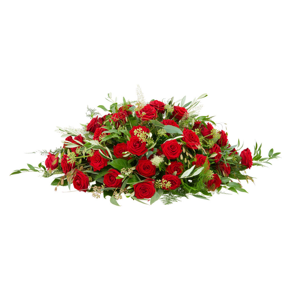 Rouwstuk met rode rozen in ovale vorm