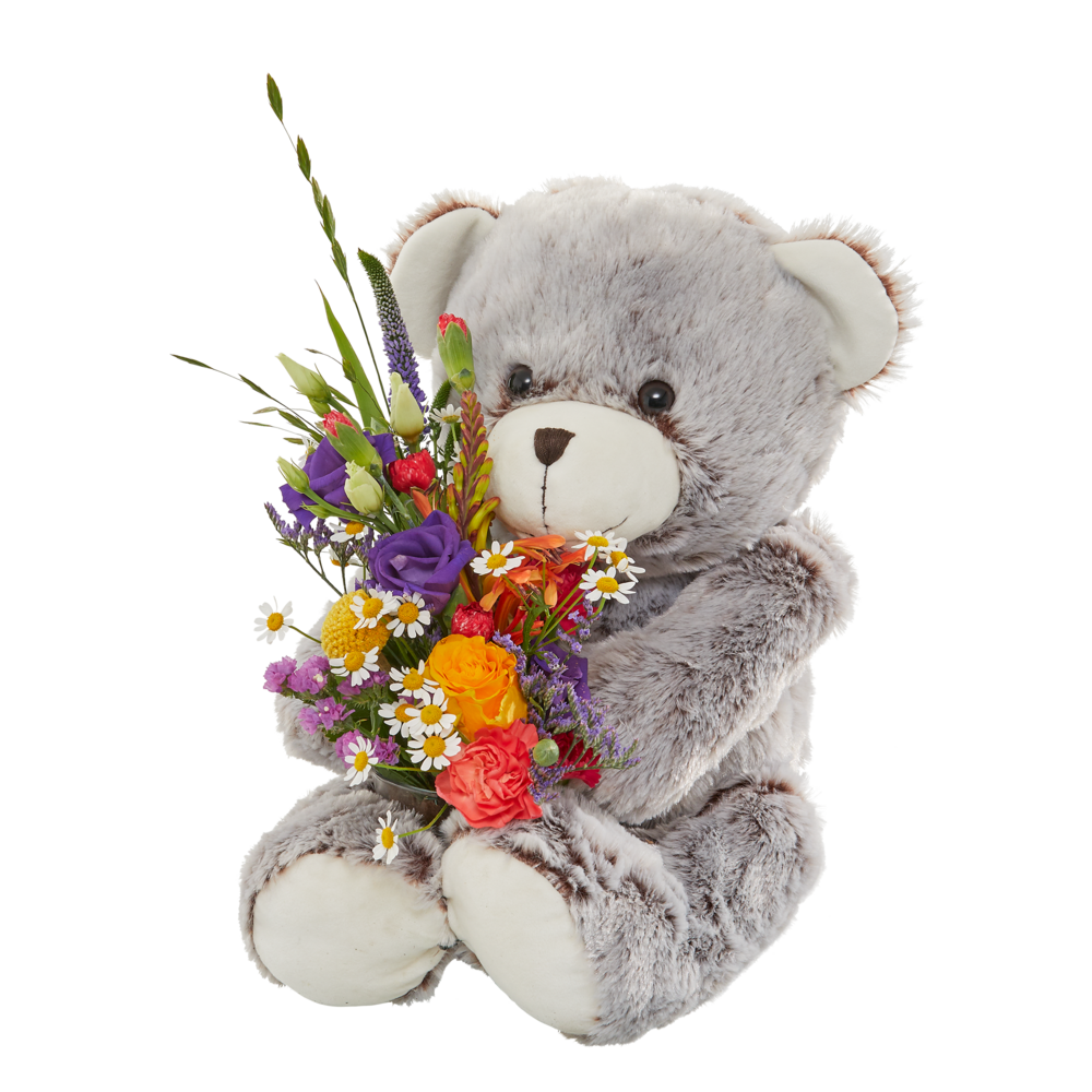 Staand kinder rouwstuk met teddybeer en gemengd boeket