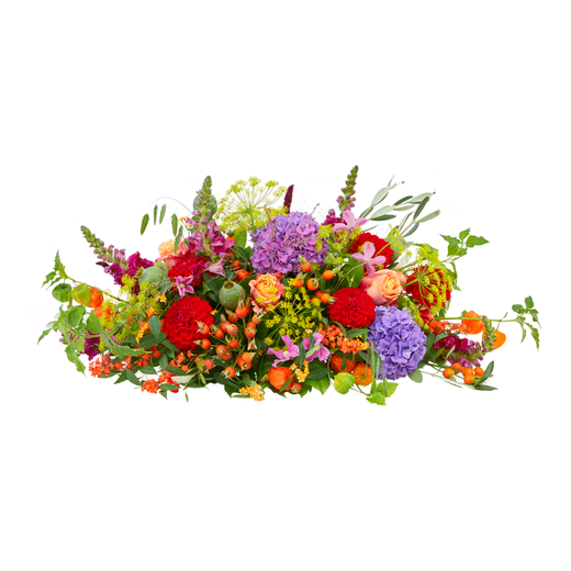 Ovaal rouwstuk met hortensia, dahlia en rozen in warme herfsttinten