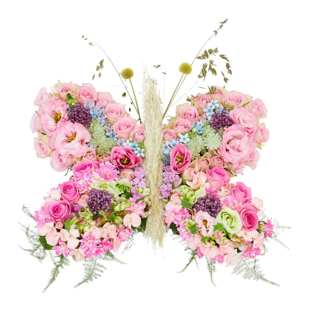 Rouwstuk in vlindervorm met roze rozen en pastelbloemen