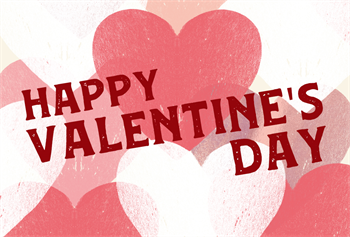 Wenskaartje met hartjes en de tekst Happy Valentine's Day.