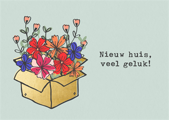 Blauwe wenskaart met een verhuisdoos vol bloemen en de tekst 'Nieuw huis, veel geluk!'