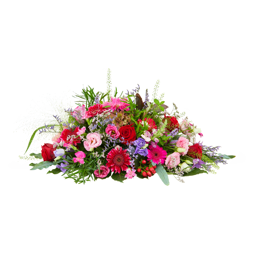 Ovaal rouwstuk met rozen, gerbera, lisianthus en limonium in roze en paarse tinten